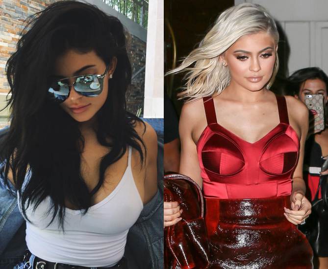 Da esquerda para direita: Kylie Jenner com o tradicional cabelo preto; A nova cor: platinado.